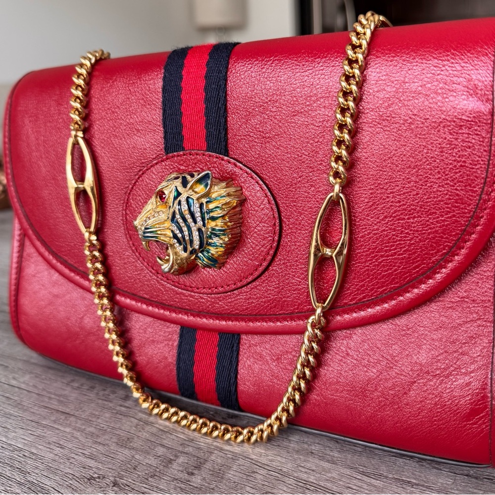 Gucci Red Shoulder Bag with Gold Chain and Stripes